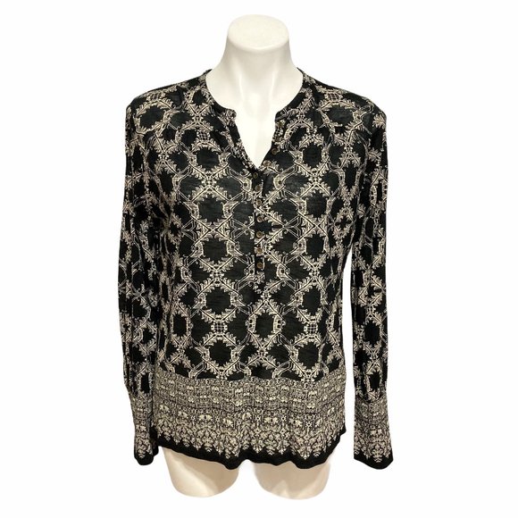 Lucky Brand Small Split Neck Long Sleeve Black and Beige Patterned Shirt - Picture 2 of 6